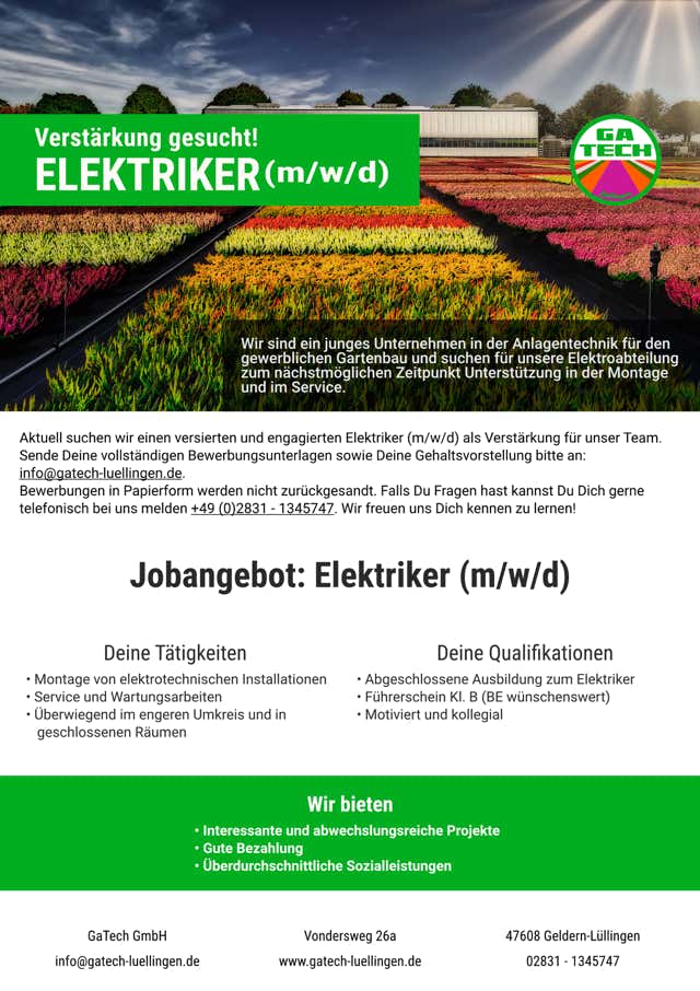 Abbildung Titel DIN A4 Jobangebot Elektriker (m/w/d) GaTech