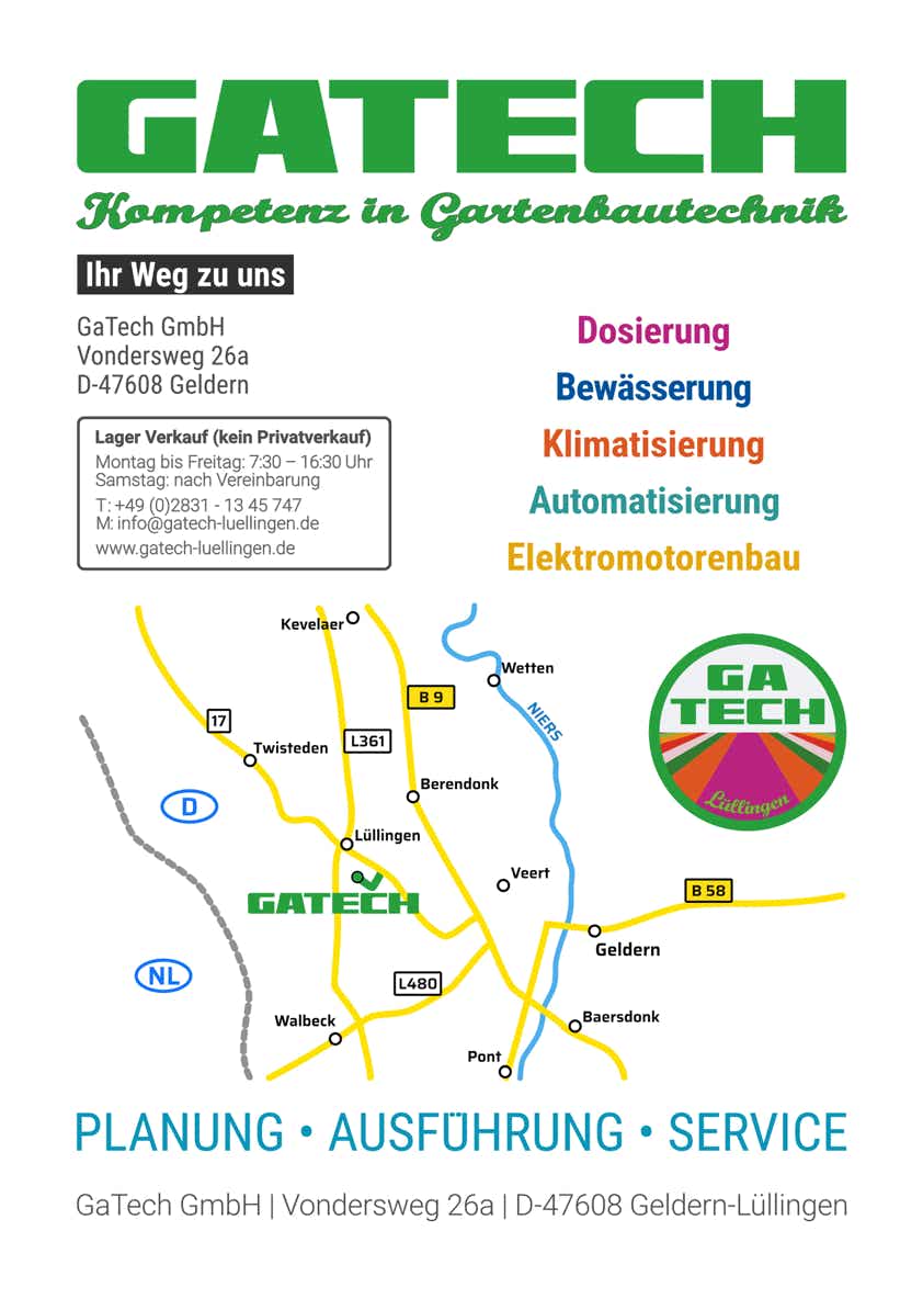 Abbildung DIN A4 Informationsblatt Anfahrtsplan und OEffnungszeiten Lagerverkauf GaTech GmbH